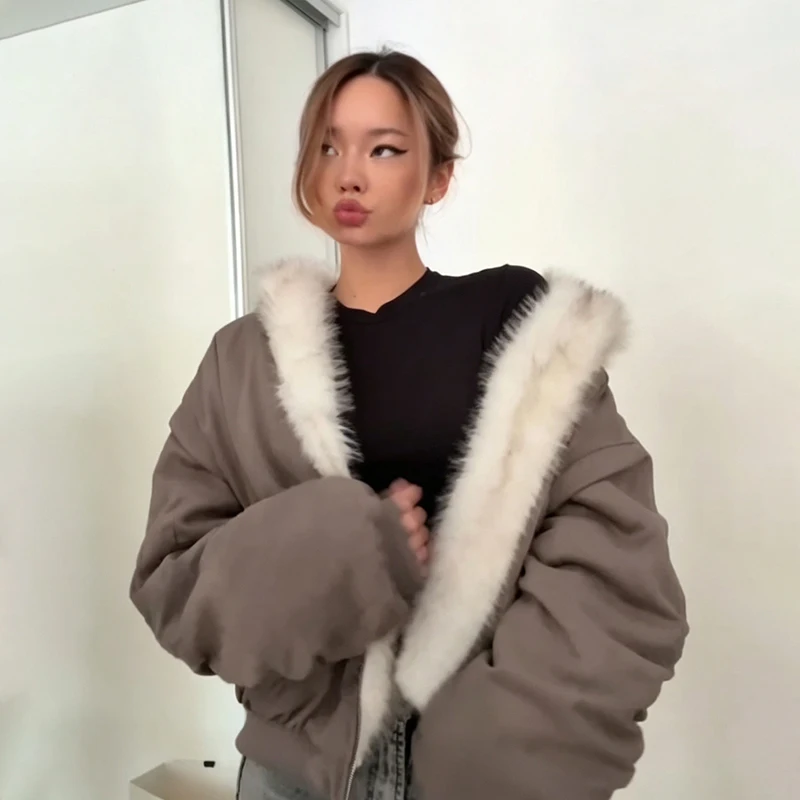 Women's Reversible Faux Fur Jacket Warm Fur Trim Hooded Oversized Puffer Coat Batwing Sleeves Zipper Loose Winter Lady Outerwear