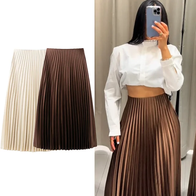 TRAF Elegant Party Midi Skirts 2025 Women's Spring Mid Waist Pleated Skirts Fashion Casual Vintage Beige Brown Long Skirts