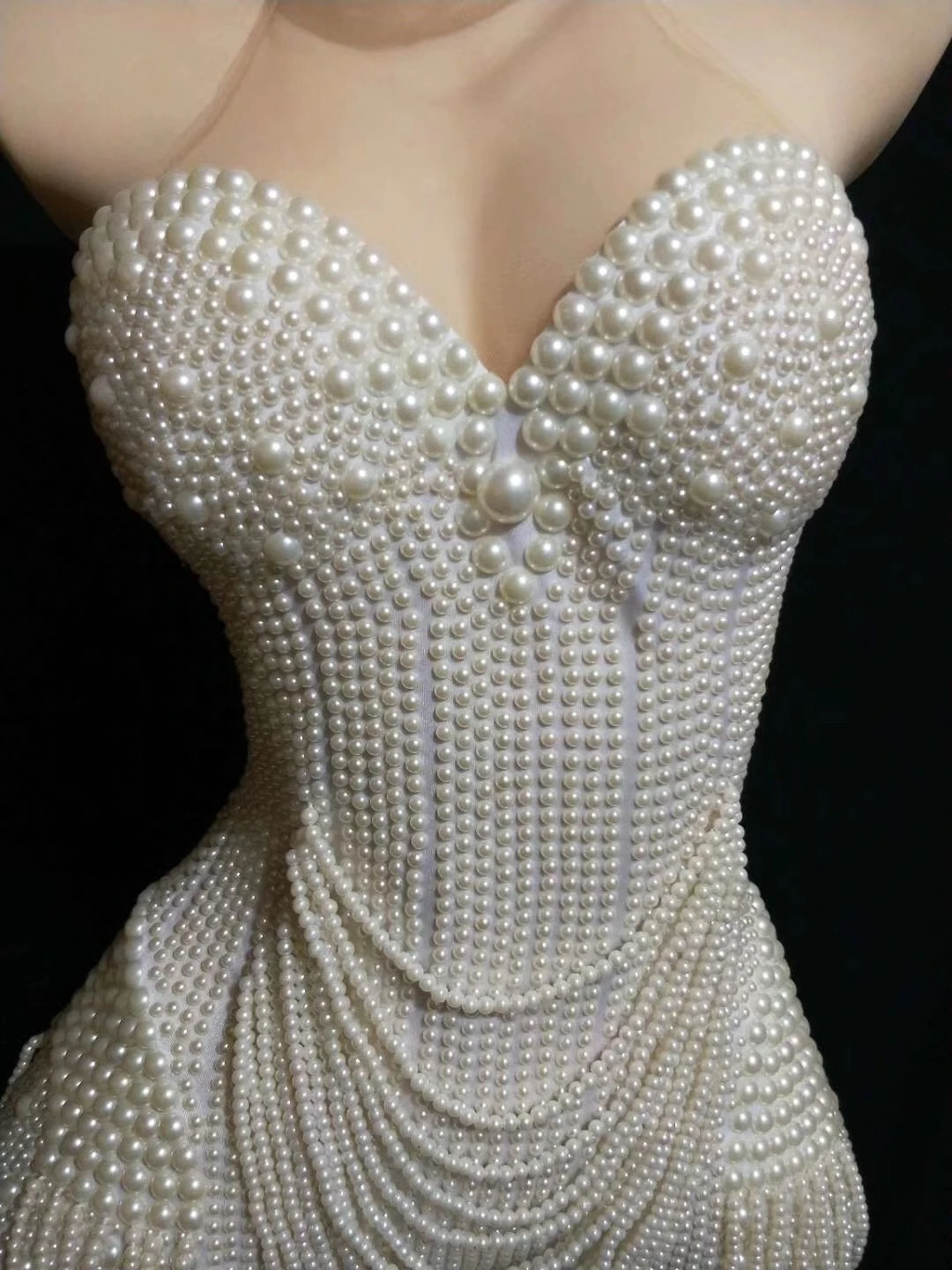 Beaded Pearls Women Birthday Party Bodysuits Mesh Jumpsuits Nightclub Singer Dancer Performance Drag Queen Stage Wear dance dress women costume set