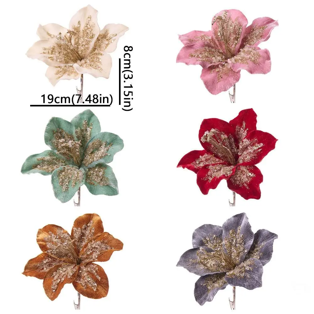 Festive Decor 20cm Artificial Christmas Flower Velvet Large Christmas Poinsettia Realistic Glitter Sequin Floral Xmas Party