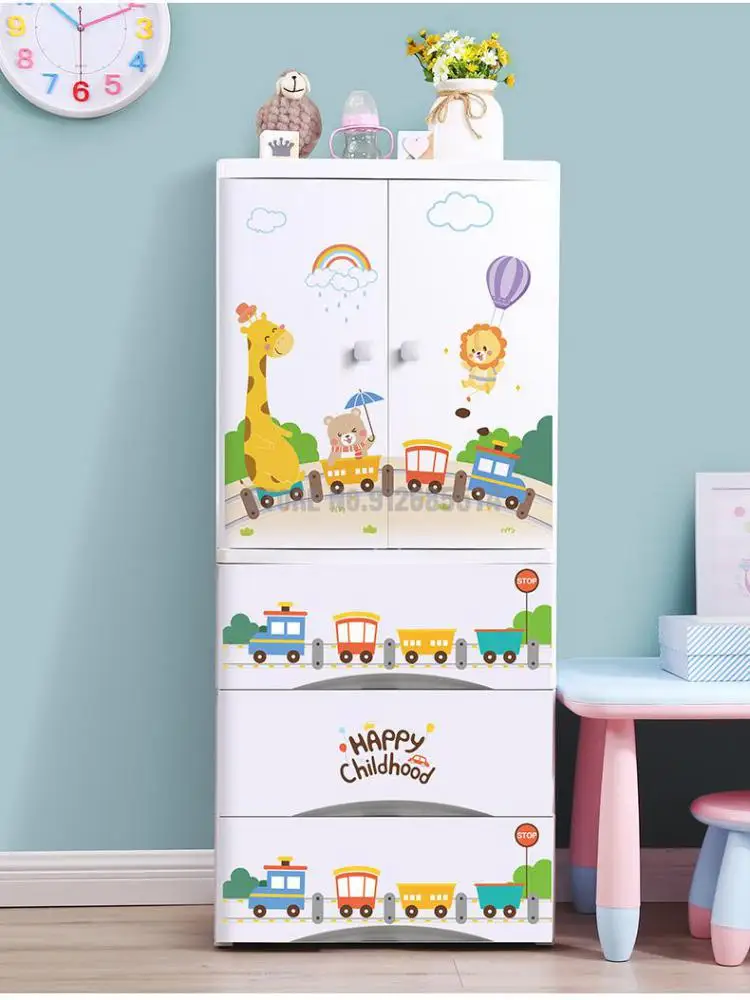 Thicken Children's Wardrobe Baby Drawer Storage Cabinet Double Door Small Wardrobe Multi-layer Baby