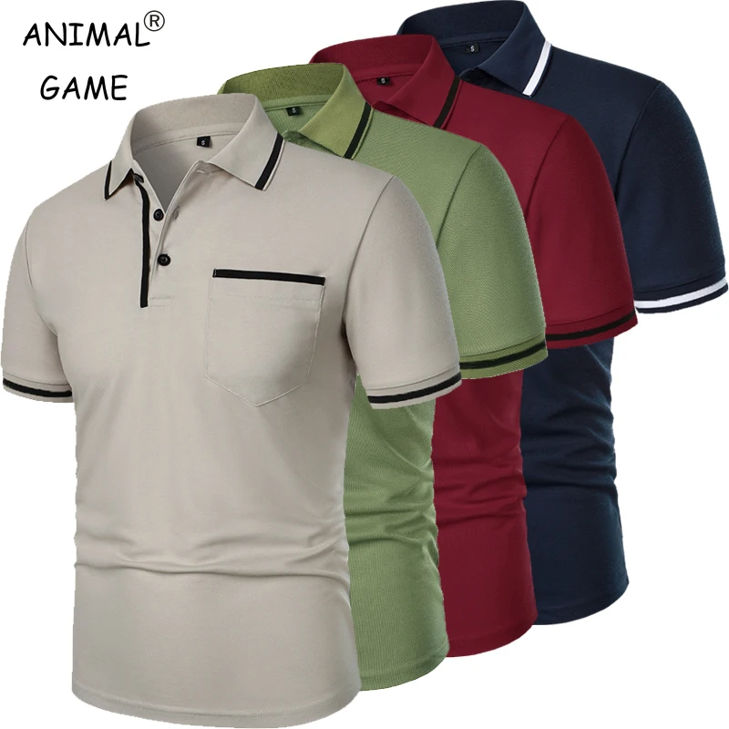 Animal Game Men's Short Sleeve Polo Shirts Solid Casual T-shirt Trendy Breathable Loose Splice Top with Pockets Men Basic Shirts