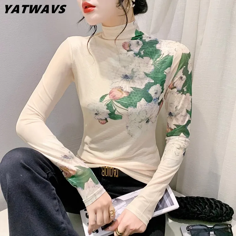 

High Quality Women Slim Mesh T-Shirt 2024 Spring Fall Designer Flower Print Casual Tops Ladies Long Sleeve Patchwork Blouse