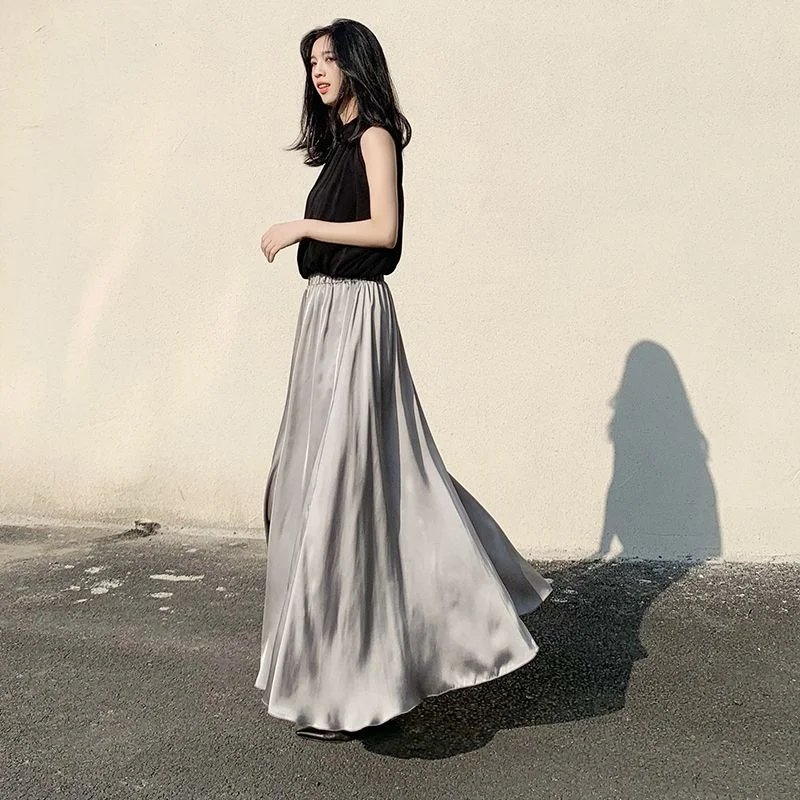 2023 Summer New Ice Silk Wide Leg Pants Korean Fashion High Waist Loose Satin Large Swing Skirt Pants Casual Trousers Women long pants spring summer korean pleated chiffon blue trousers women high waist lady pants loose casual wide leg mujer pants