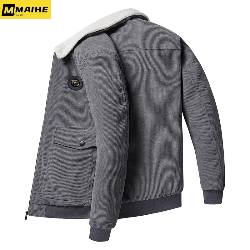 Men 2023 Winter New Fleece Warm Thick Jackets Men Fashion Fur Collar Corduroy Coat Men Autumn Outwear army green Casual Jacket M