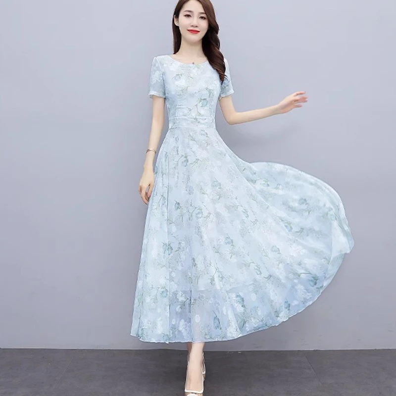 

Boho Chiffon Long Beach Dress Women Summer Fashion Flower Print Short Sleeves Elegant Ladies Dance Evening Party Work Maix Dress
