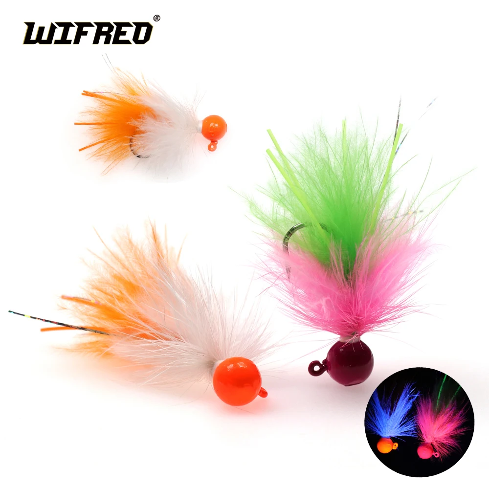 WIFREO 4pcs Weighted Metal Jig Hook Bugger Bait Mini Marabou Crappie Jig Pan Fish Ice Fly Winter Ice Fishing Lure Fast Sink