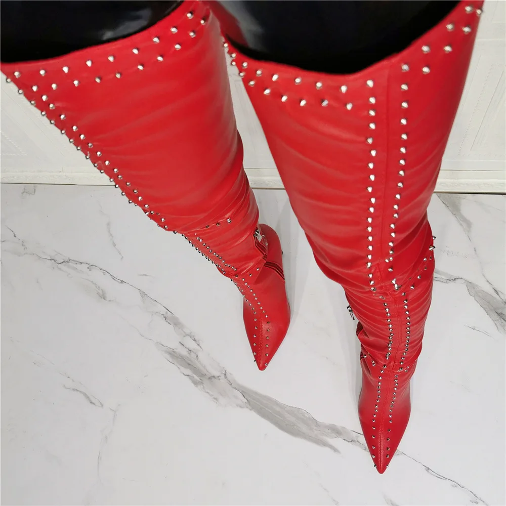 

Sexy Dot Rivets Studs Botas High Heel Thigh Boots Mujer Women Spikes Suede Over Knee Boots Pointed Toe Stiletto Heel Shoes