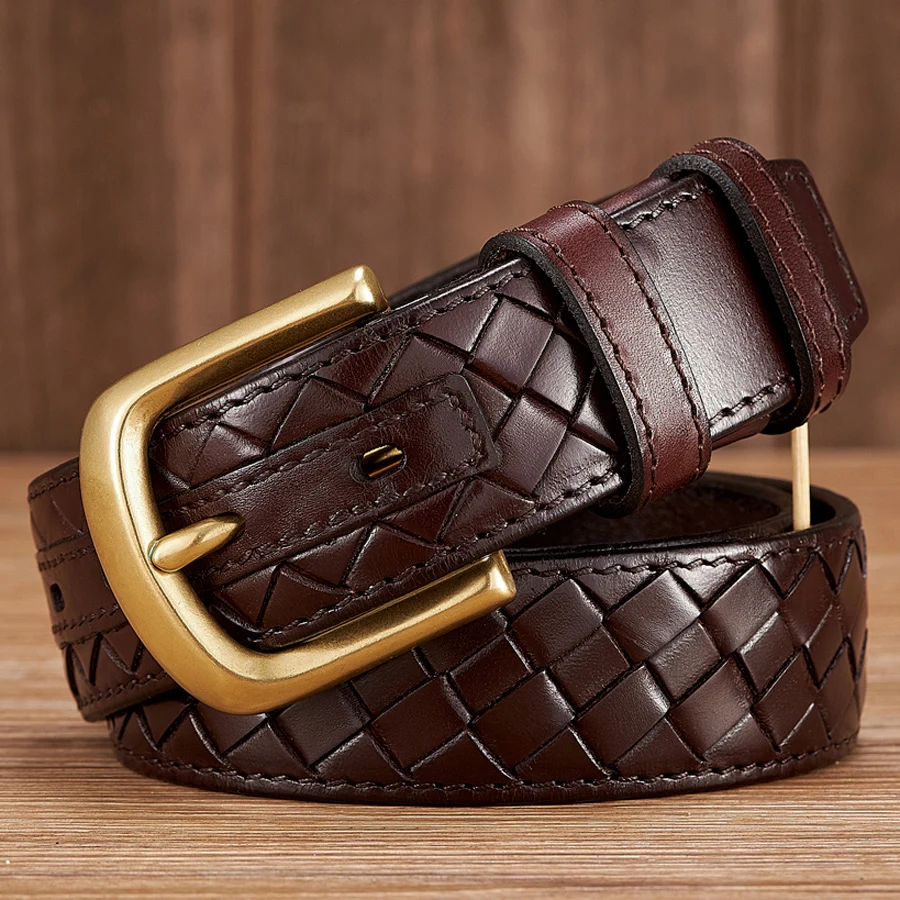 3.8cm Copper Buckle Designer Cowskin Real Genuine Leather Belts For Men Luxury Woven Cowboy Braided Male Strap for Jeans