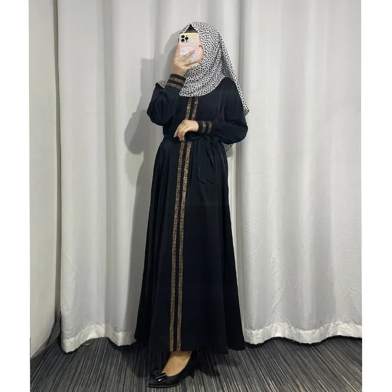 2023 Plus Size Diamond Shiny Boubou Long Sleeve Dress Black Bangladesh Women Lace Maxi Abaya Dubai Turkey Muslim Hijab Dress