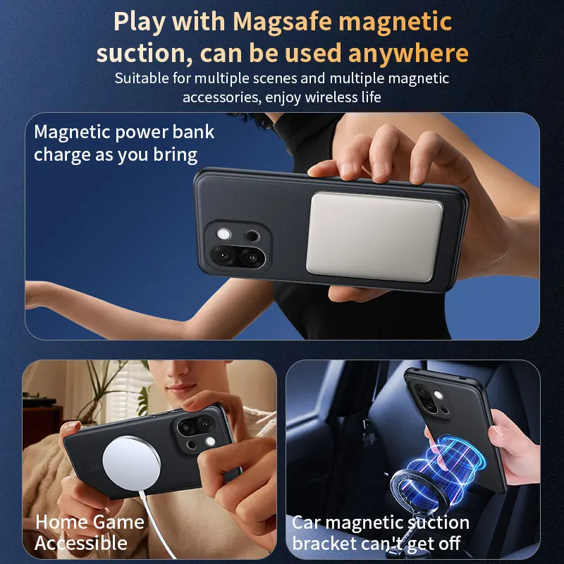 Luxury Leather Texture Magnetic Case for Wireless Charging - Slim Shockproof Bumper Back Cover
