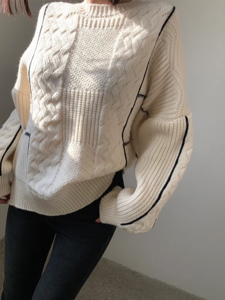 

Повседневный контрастный вязаный свитер с круглым вырезом, пуловер, свитер 2023, Зимняя Новая модная женская одежда