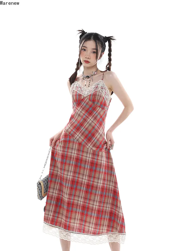 

Women Red Plaid Print Sexy Backless V-neck Lace Suspender Dresses 2023 Summer High Waist Chiffon Hotsweet Party Club Dress