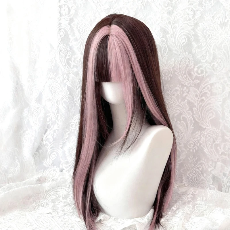 Synthetic Cosplay Wig Pink Highlighted Wig Long Straight Hair with Bangs Heat - Resistant for Women Cosplay & Daily Wear