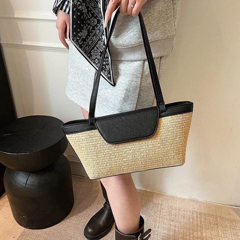 Fashion Women Shoulder Bag PU Woven Patchwork Stick Bag Large Capacity Tote Bag New Casual Woven Contrasting Color Handbag