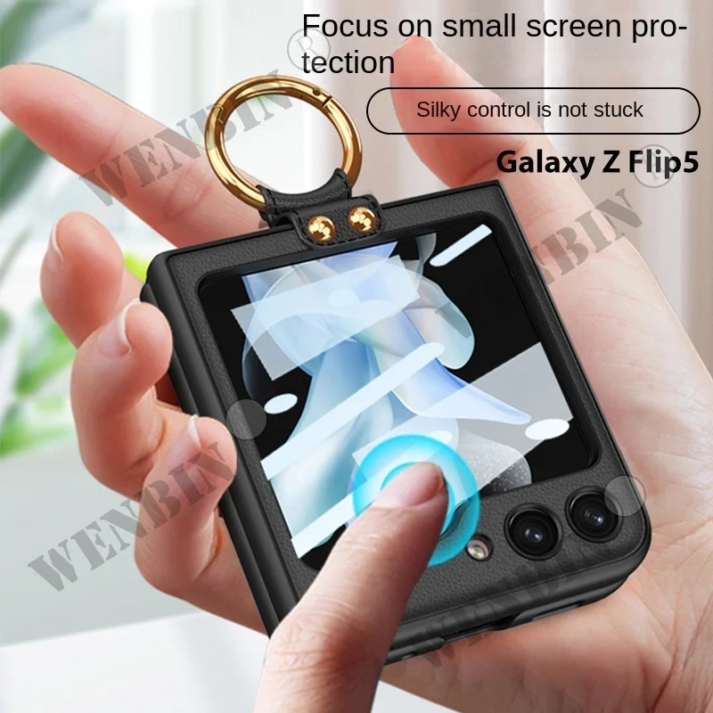 Finger Ring Capa For Samsung Z Flip 5 4 3 5G Case Luxury Leather With Camera Lens Protector Glass Phone Case Cover