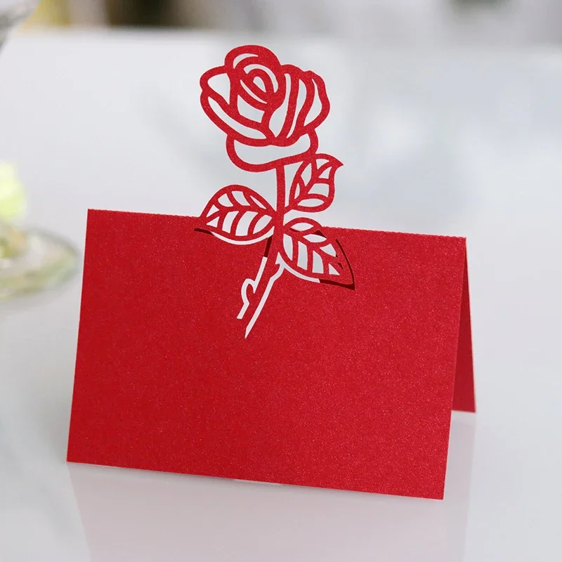 50 Pcs/Set Rose Flower Hollow Pattern Place Card Wedding Decoration Table Numbers Name Fold Card Birthday Party DIY Supplies