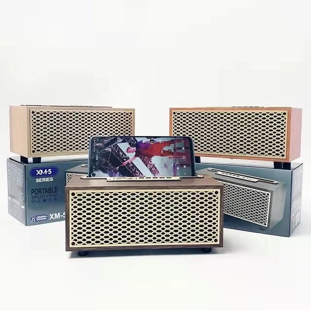 FM/AM Vintage Wood Grain Bluetooth Speaker TWS Wireless Subwoofer Portable Radio Stereo Mobile Phone Stand