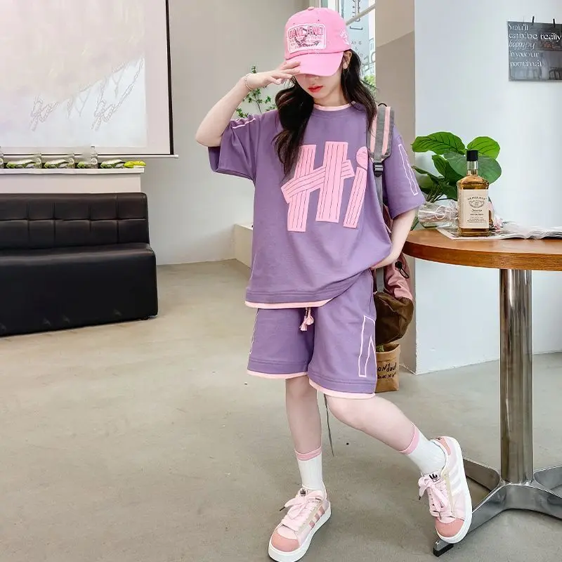 어린이용 편한 반팔 반바지 투피스 세트, 3-16 세 여아용 레터 스포츠 반바지 세트 세트, 2024 여름 신상