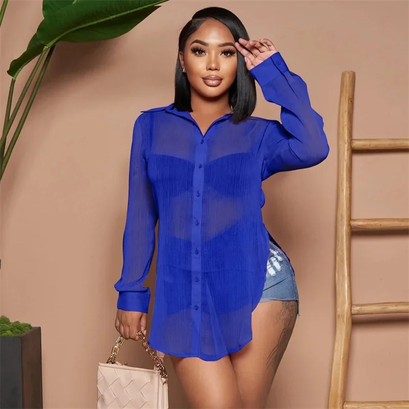 New Sexy See-through Chiffon Blouse Women Short Bikini Cover-ups Sun Protective Coverall Female Casual Lapel Cardigan Beachwear