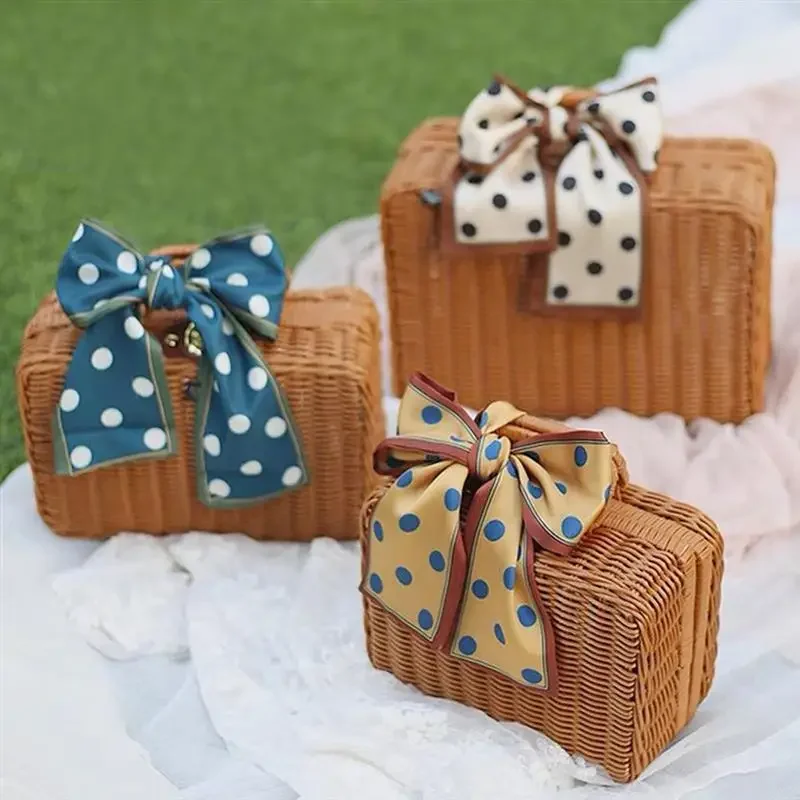 Basket Rattan Wicker Suitcase Picnic Woven Storage Vintage Box Handbag Hamper Camping Gift Bin Trunk Rustic Case Farmhouse Retro 6