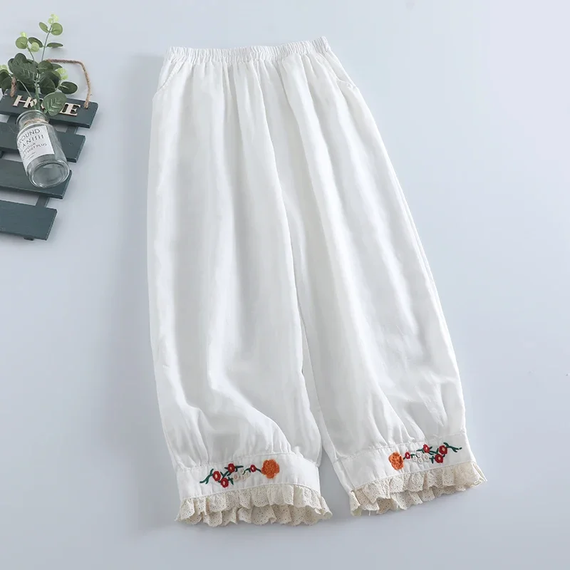 Japan Style Mori Girl Sweet Embroidery Cotton Linen Haren Pants Women Casual Loose Elastic Waist Trousers