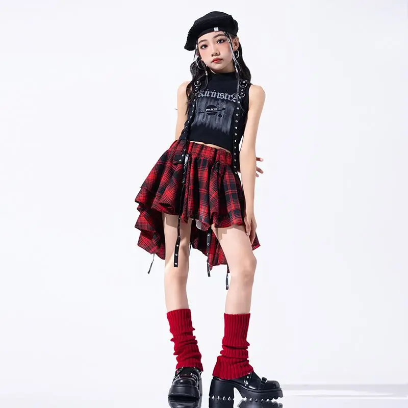 Hip Hop Girls Crop Top Plaid Street Dance Skirt Kids Ribbon Pleated Skirts Teens Jazz Cool Costumes Child Streetwear Clothes Set 5