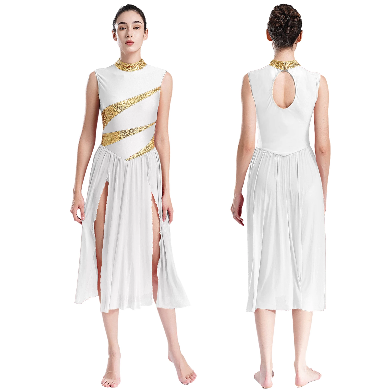 thumbnail image 1 of Vestido de baile lírico de Ballet con lentejuelas brillantes para mujer, leotardo dividido de malla de tul, disfraz de baile litúrgico de Iglesia, 1 of 5