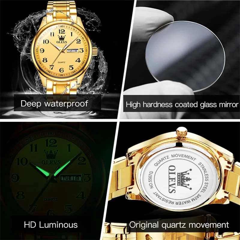 OLEVS Business Men Luxury Watches Gold Stainless Steel Quartz Wrsitwatches Male Date Clock with Luminous relogios masculino