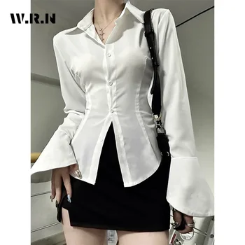 Women Sexy Solid Color Slim Chiffon Shirt Turn-down Collar Flare Sleeve Tunic Bandage Design Vintage Female Blouses Spring 2025