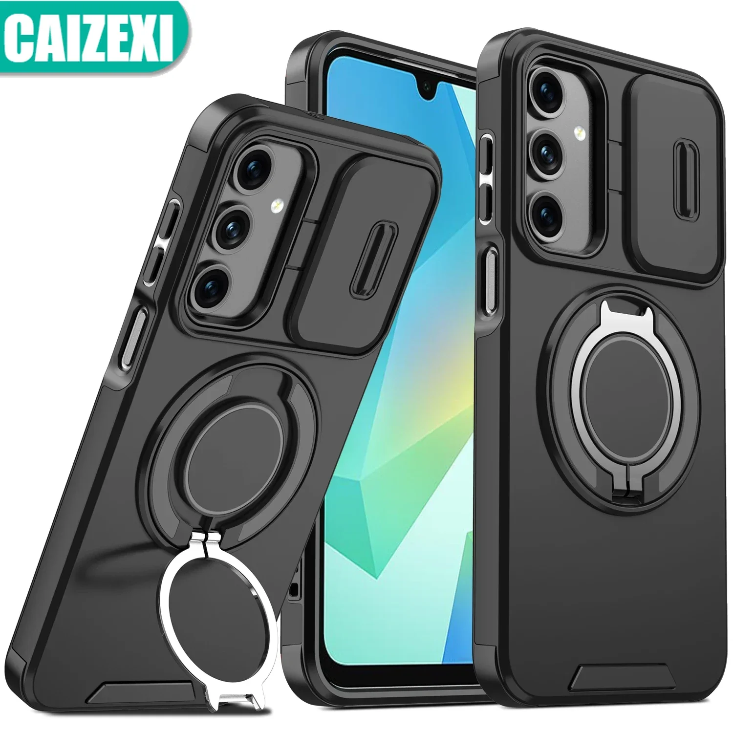 Enhanced Magnetic Ring Bracket Case with Slide Lens Protector and Armor Design