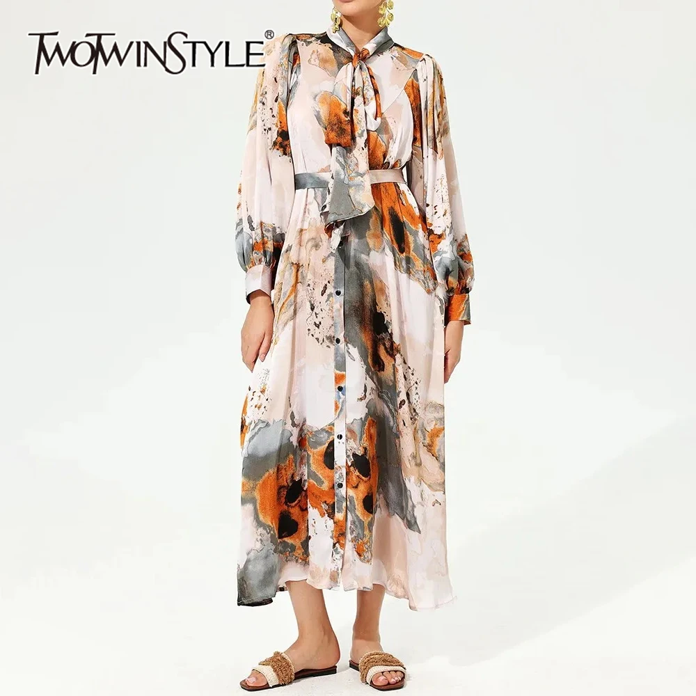 

TWOTWINSTYLE Hit Color Printing Dresses For Women Stand Collar Long Sleeve High Waist Patchwork Button Elegant Dresses Female