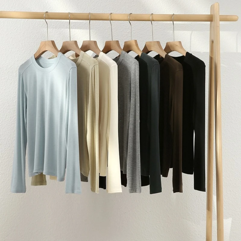 Silk Wool Splice Long Sleeve T-shirt Women Spring Summer Thin Soft Waxy Fit Solid Color Backing Top