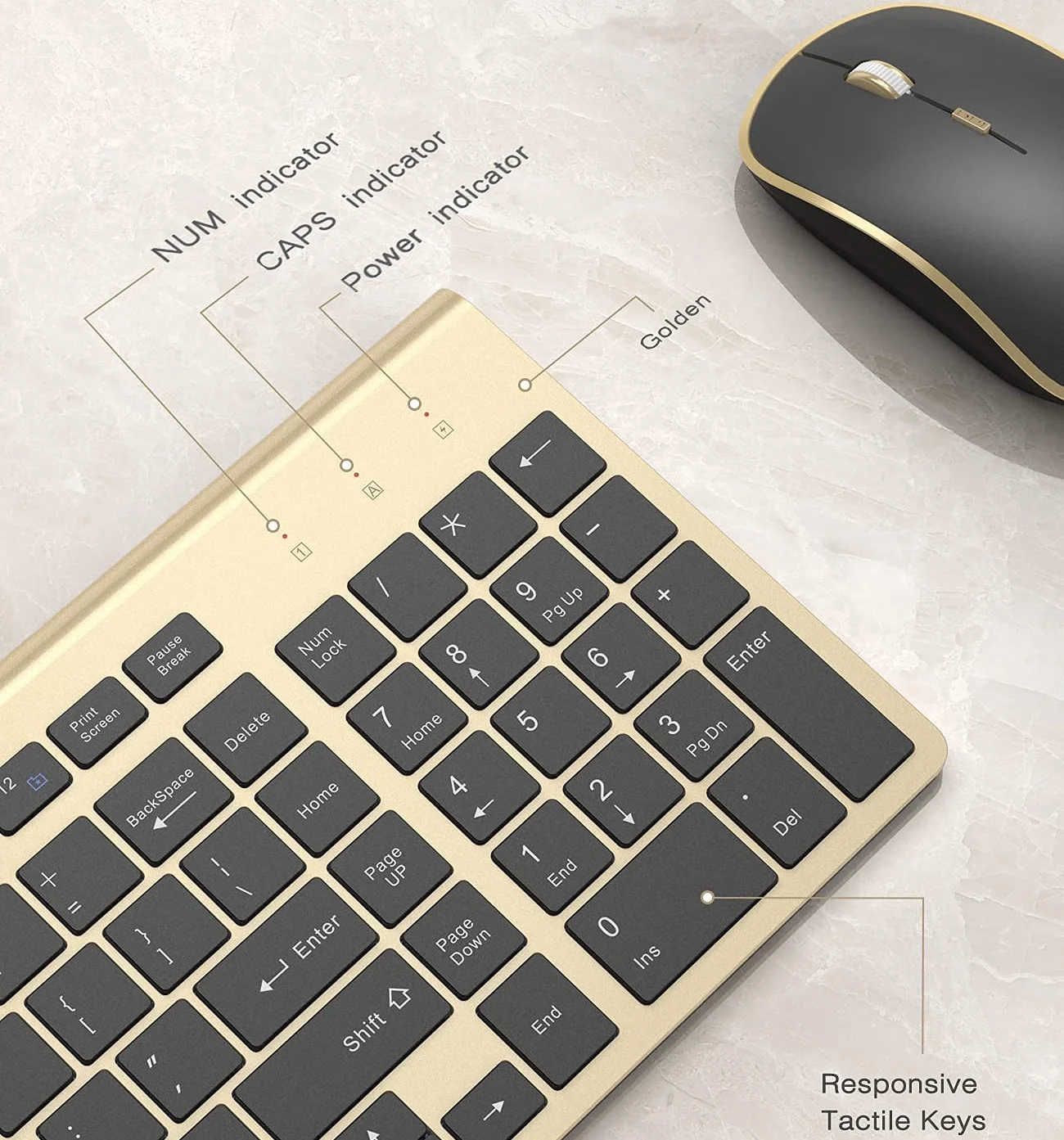 Teclado sem Fio Mouse Combo 2.4g Fino Teclado sem Fio e Mouse Ergonômico Compacto Tamanho Completo Disposição dos Eua para Pc-ouro Preto - Imagem 3