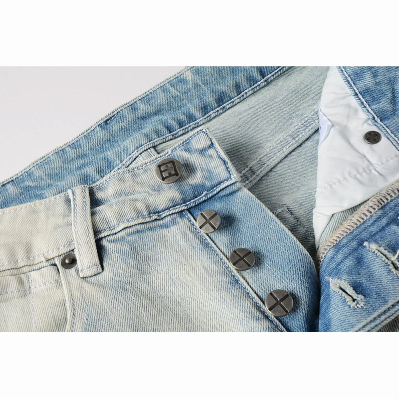 Men's Washed Light Blue Skinny Original Quality Button Fly Ripped Jeans