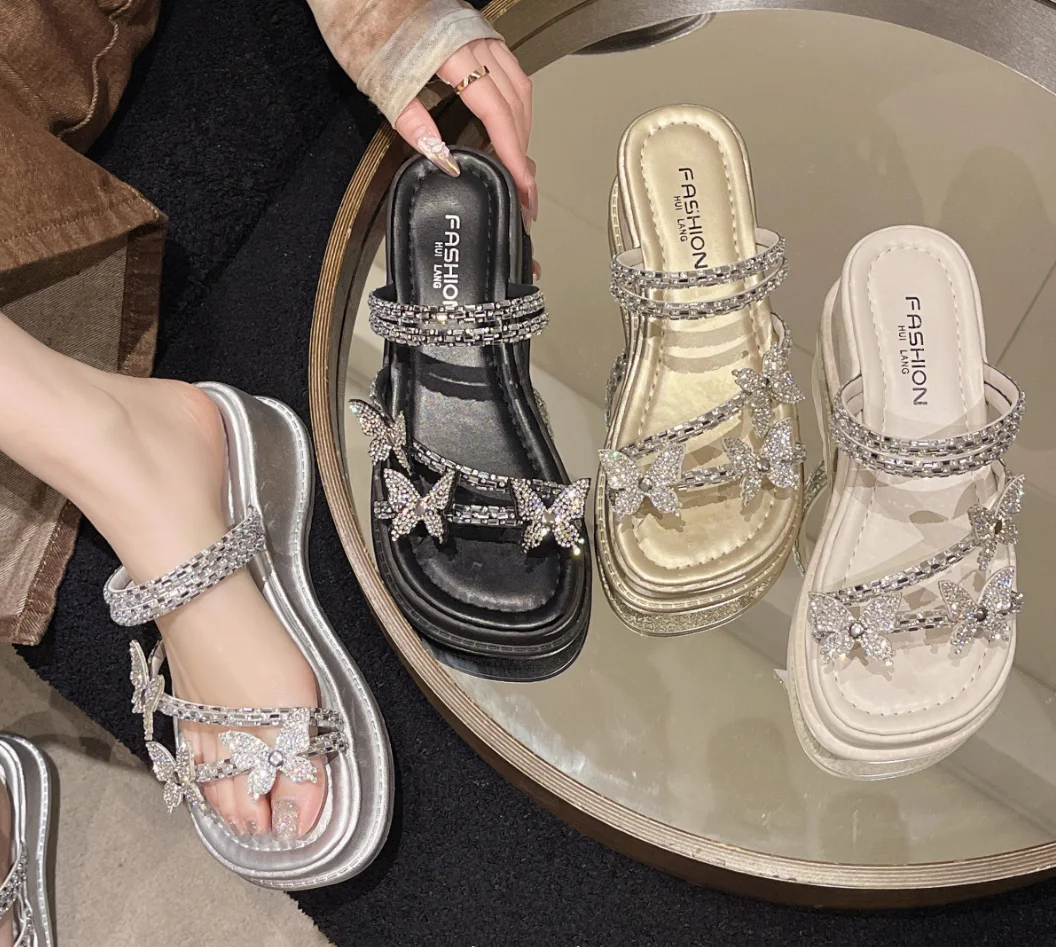 Women's Wedge Slippers Summer Bow Rhinestones Women Shoes for Women Dress Holiday Beach Slides Fashion Casual Platform Sandal ﻿ — view 2