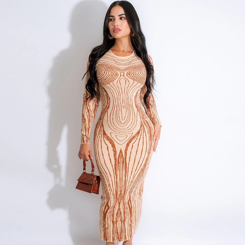 

Long Dresses For Women Fashion 2023 Autumn Winter Sleeve Skims Robe Abstract Body Printed Elegant Party Bodycon One Piece Dress