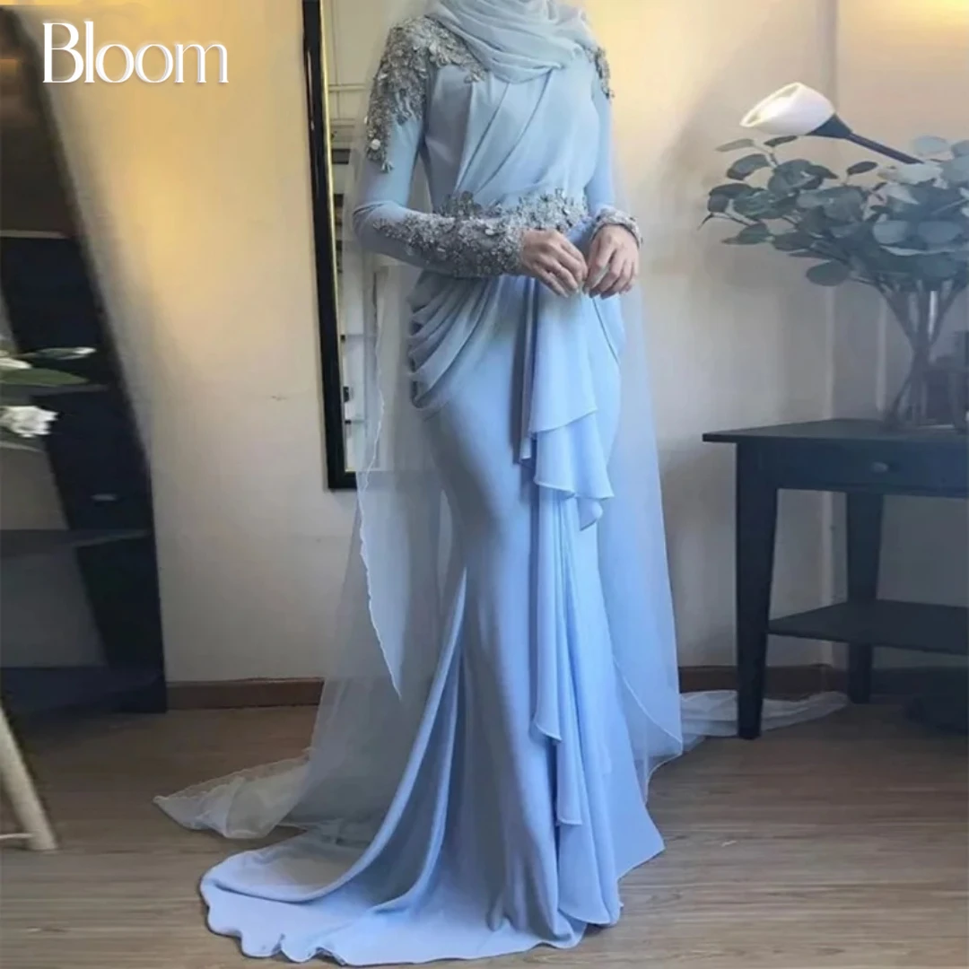 

Bloom Appliques Long Sleeves Prom Dresses Floor-length Mermaid Ruffles Muslim Evening Dresses 2024 Formal Wedding Party Gown