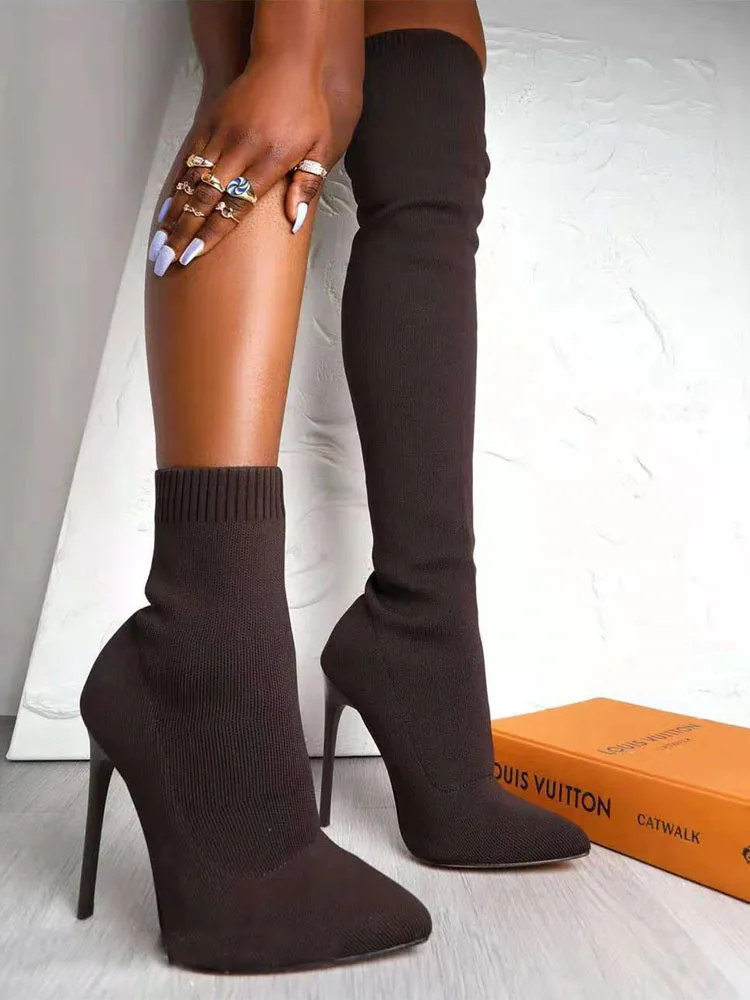 2022 New Women Knee-High Boots Sexy High Heels Socks Shoes Winter Breathable Knitting Sock Thigh High Boots Ladies Shoes