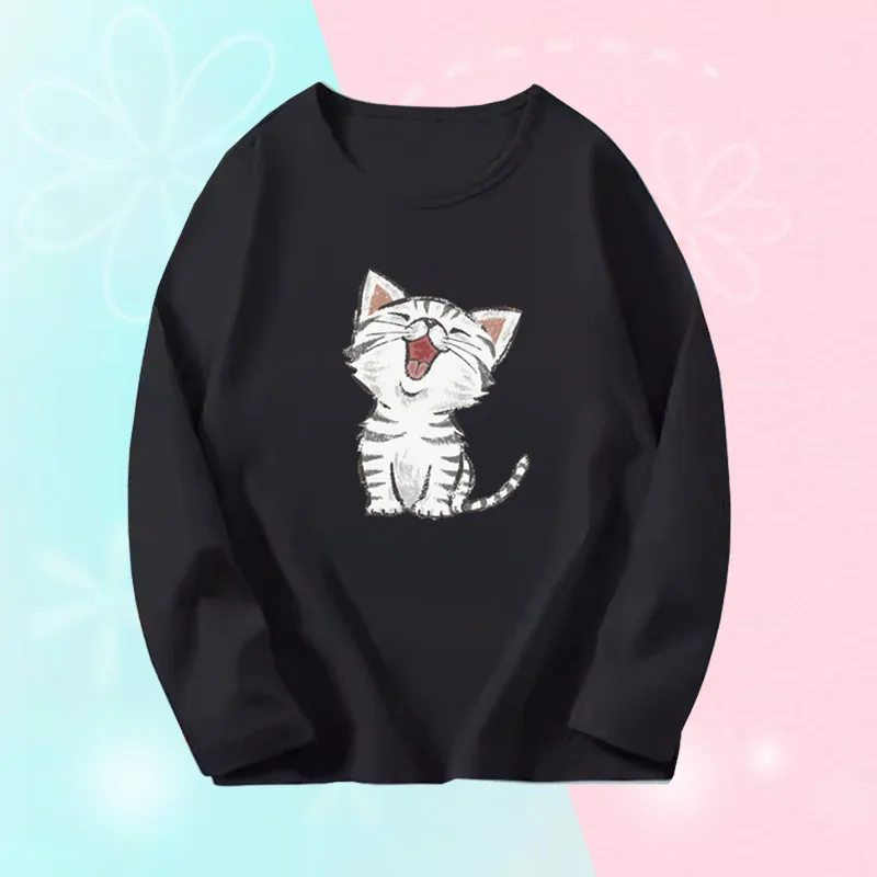 3~14 Years Girl Long Sleeve T-Shirts Cute Sweet Girl Tee Tops Cute Cat Graphic O-Neck Top Little Girl Casual T-Shirts 2