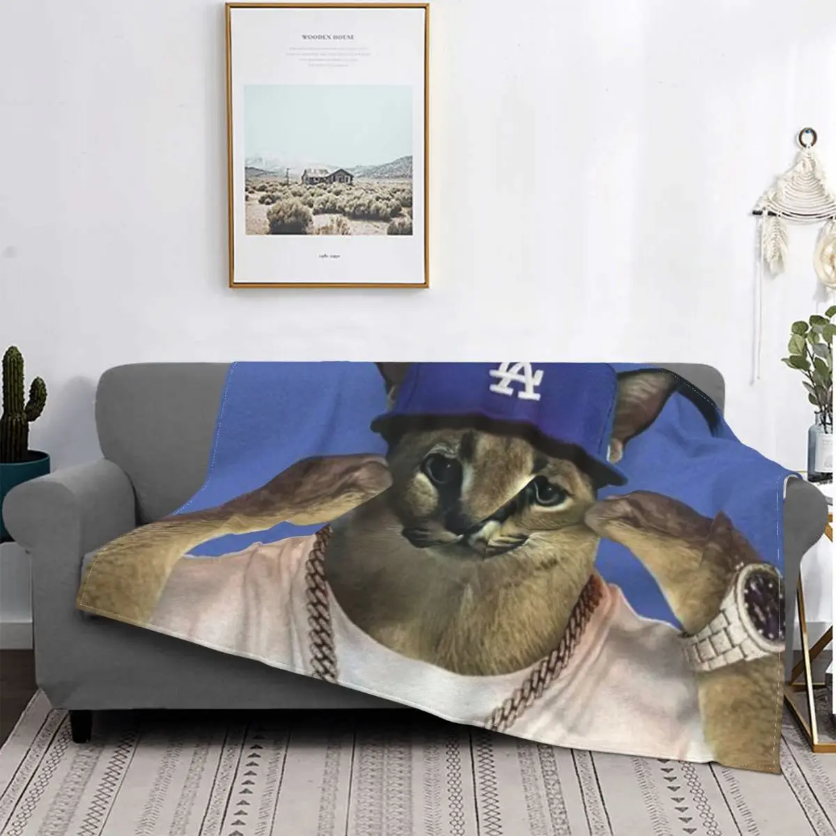 

3D Printed Big Floppa Rapper Meme Blankets Breathable Soft Flannel Sprint Cat Throw Blanket for Couch Travel Bedroom