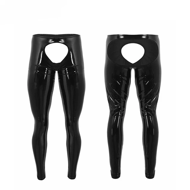 WET LOOK FAUX Latex Leather Punk Shiny Zipper Open Crotch Leggings