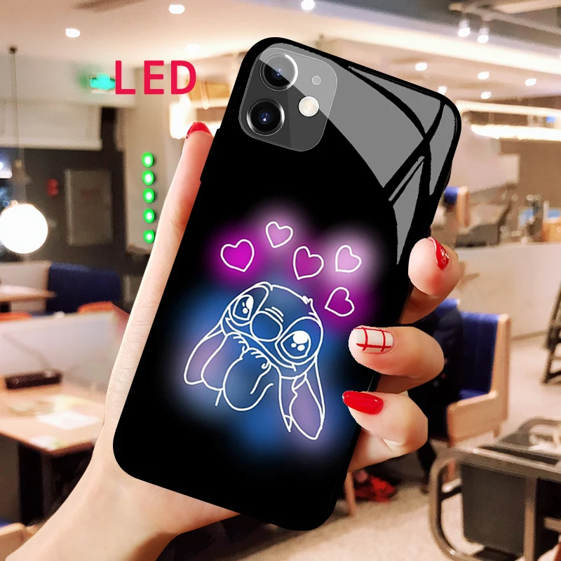 Stitch Luminous Tempered Glass phone case For Apple iphone 12 11 Pro Max XS mini Acoustic Control Protect LED Backlight cover pattern printing tempered glass back soft tpu pc shockproof case for oneplus nord ce 5g city