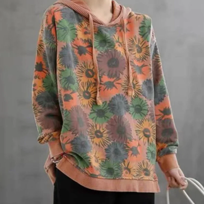 2023 Autumn Winter New Hooded Vintage Floral Printing Sweater Women Korean Style Cotton Long Sleeve Loose Drawstring Pullovers