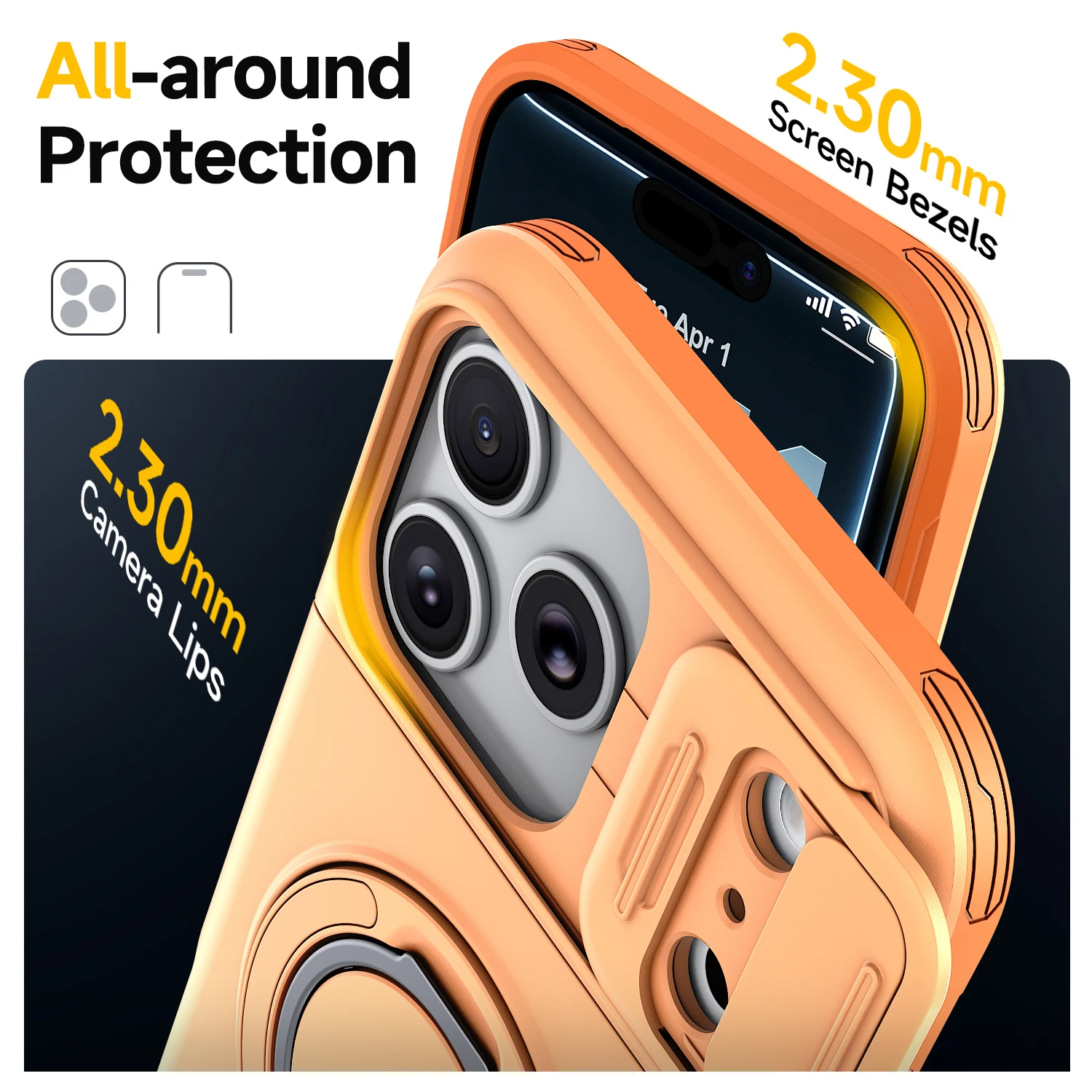 Enhanced Armor Case with Slide Camera Protector, Magnetic Ring Holder, and Card Cover