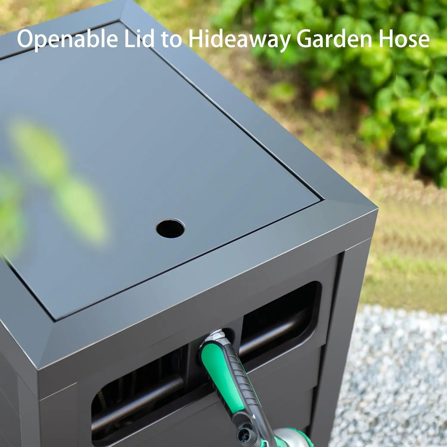 Metal Garden Hose Reel Deck box, Durable Steel Garden Hose Storage Box Cabinet, 150ft 5/8" Garden Hose Capacity.