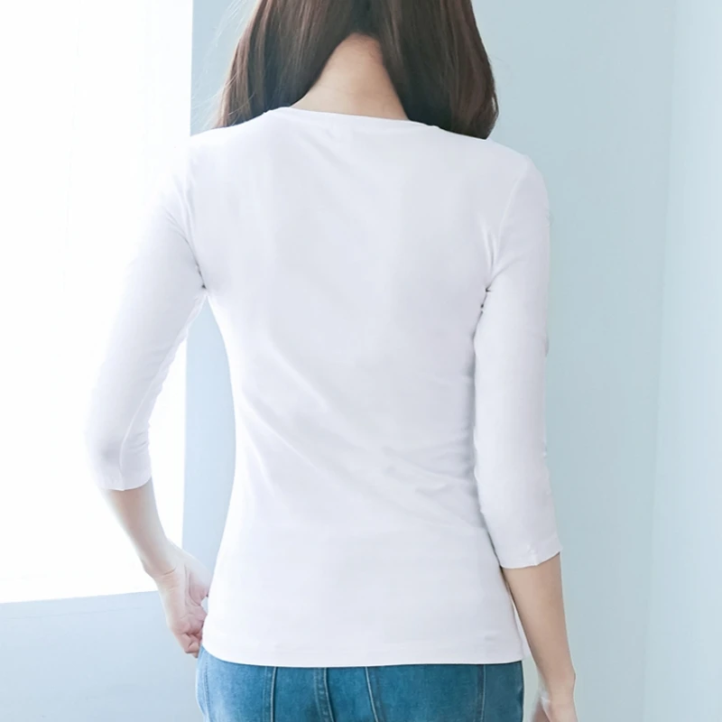 3/4 Sleeve T Shirt 96% Cotton & 4% Spandex Quality Women Spring Summer Top Slim Fit White Black O Neck Tees Casual Base Shirts 2