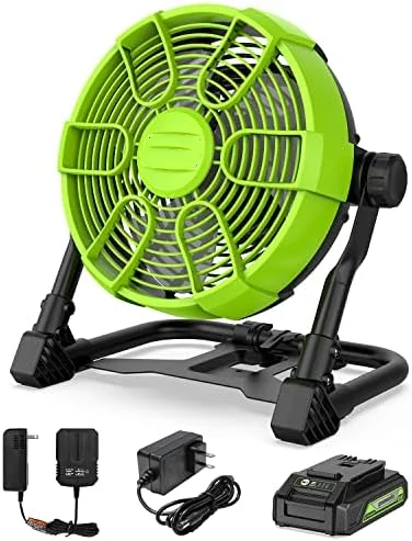 

10" (5-Speed) Fan (785 CFM), Hybrid (AC / DC), 2.0 Ah USB (Power Bank) Battery and Charger Included Fans handheld Floor standing