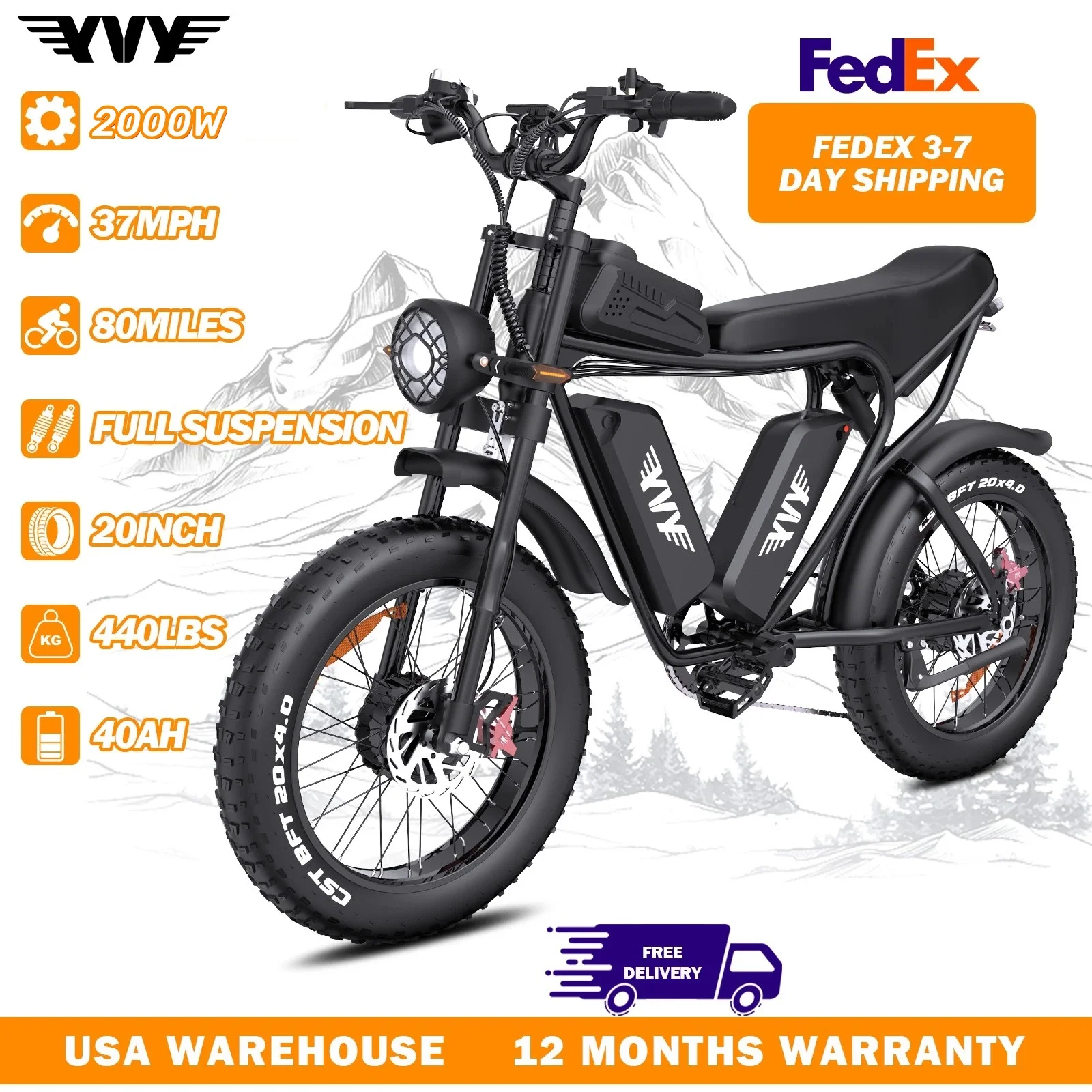 YVY K20 Electric Bike for Adults 1500/2000W 33/37MPH 48/52V 50-80Miles Electric Motorcycle 20" Fat Tire Dirt Bike 7-Speed E-Bike