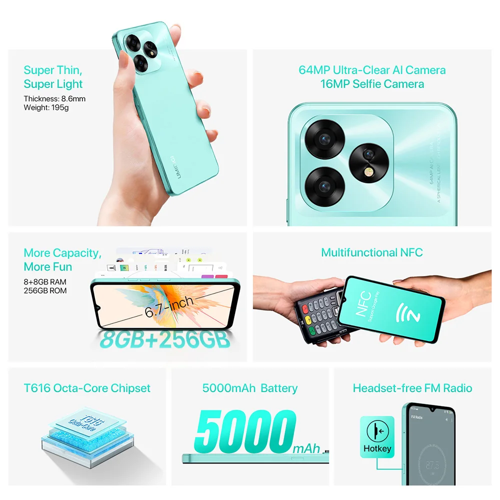 UMIDIGI A15, A15C Smartphone NFC Android 13 ,6.7" FHD+Screen, 8+8GB 128G/256GB64MP Camera 5000mAh 20W Fast Charging Mobile phone 2